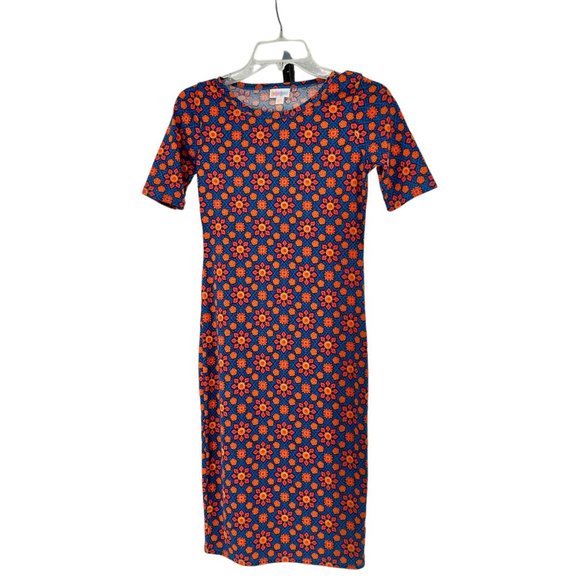 LuLaRoe Retired Julia Dress XXS Blue with Orange Florals SS Form Fitting NWT - Picture 1 of 9